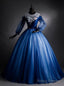 Navy Blue Tulle Long Sleeve Backless Quinceanera Dress