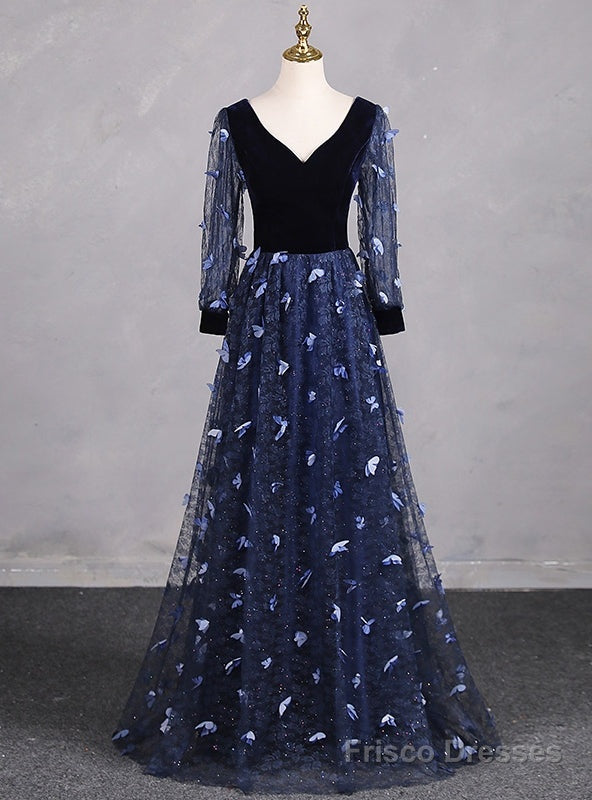 Navy Blue Tulle Long Sleeve V-neck Butterfly Prom Dress Main image