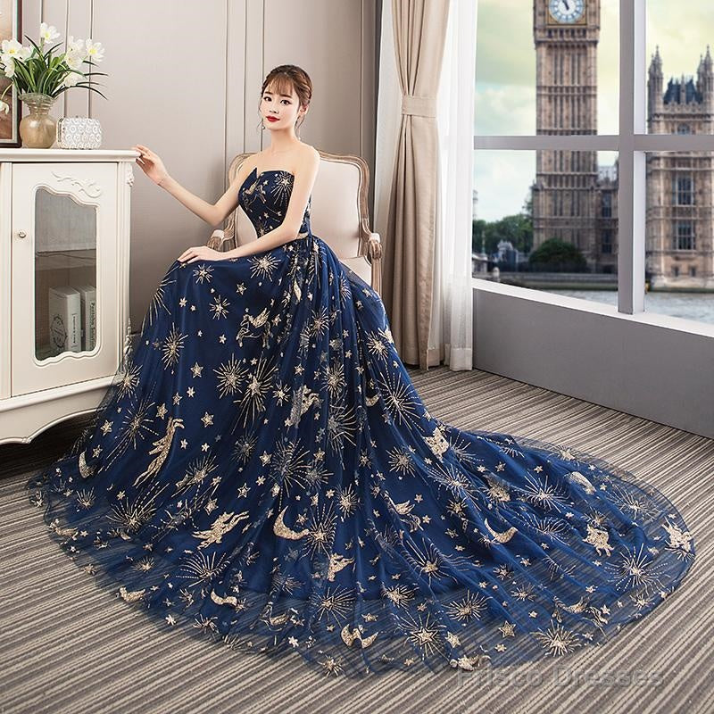 Navy Blue Tulle Mesh Long Off Shoulder Formal Dress, Blue New Style Party Dress Prom Dress Secondary image