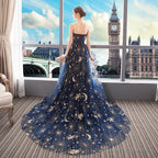 Navy Blue Tulle Mesh Long Off Shoulder Formal Dress, Blue New Style Party Dress Prom Dress