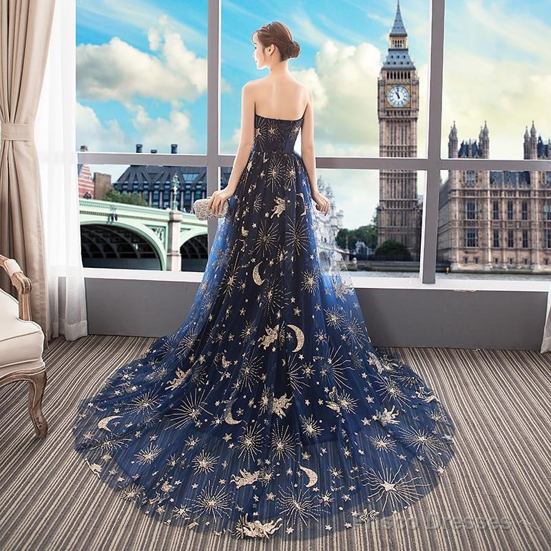 Navy Blue Tulle Mesh Long Off Shoulder Formal Dress, Blue New Style Party Dress Prom Dress