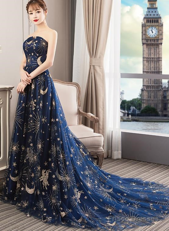 Navy Blue Tulle Mesh Long Off Shoulder Formal Dress, Blue New Style Party Dress Prom Dress