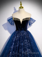 Navy Blue Tulle Off Shoulder Beaded Long Party Dress, Navy Blue Tulle Formal Prom Dress