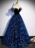 Navy Blue Tulle Off Shoulder Beaded Long Party Dress, Navy Blue Tulle Formal Prom Dress