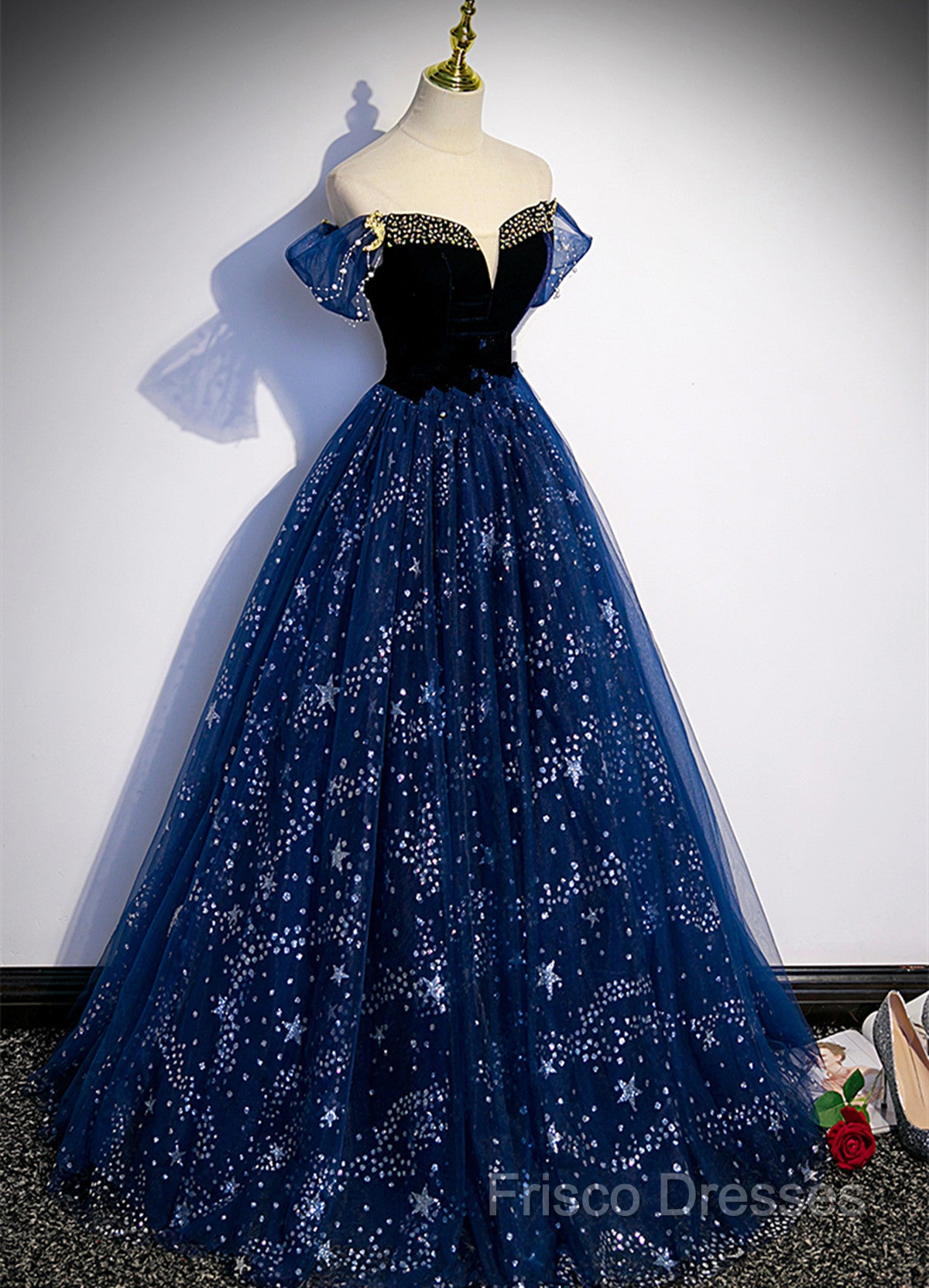 Navy Blue Tulle Off Shoulder Beaded Long Party Dress, Navy Blue Tulle Formal Prom Dress
