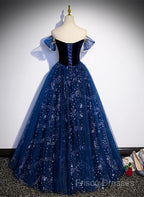Navy Blue Tulle Off Shoulder Beaded Long Party Dress, Navy Blue Tulle Formal Prom Dress