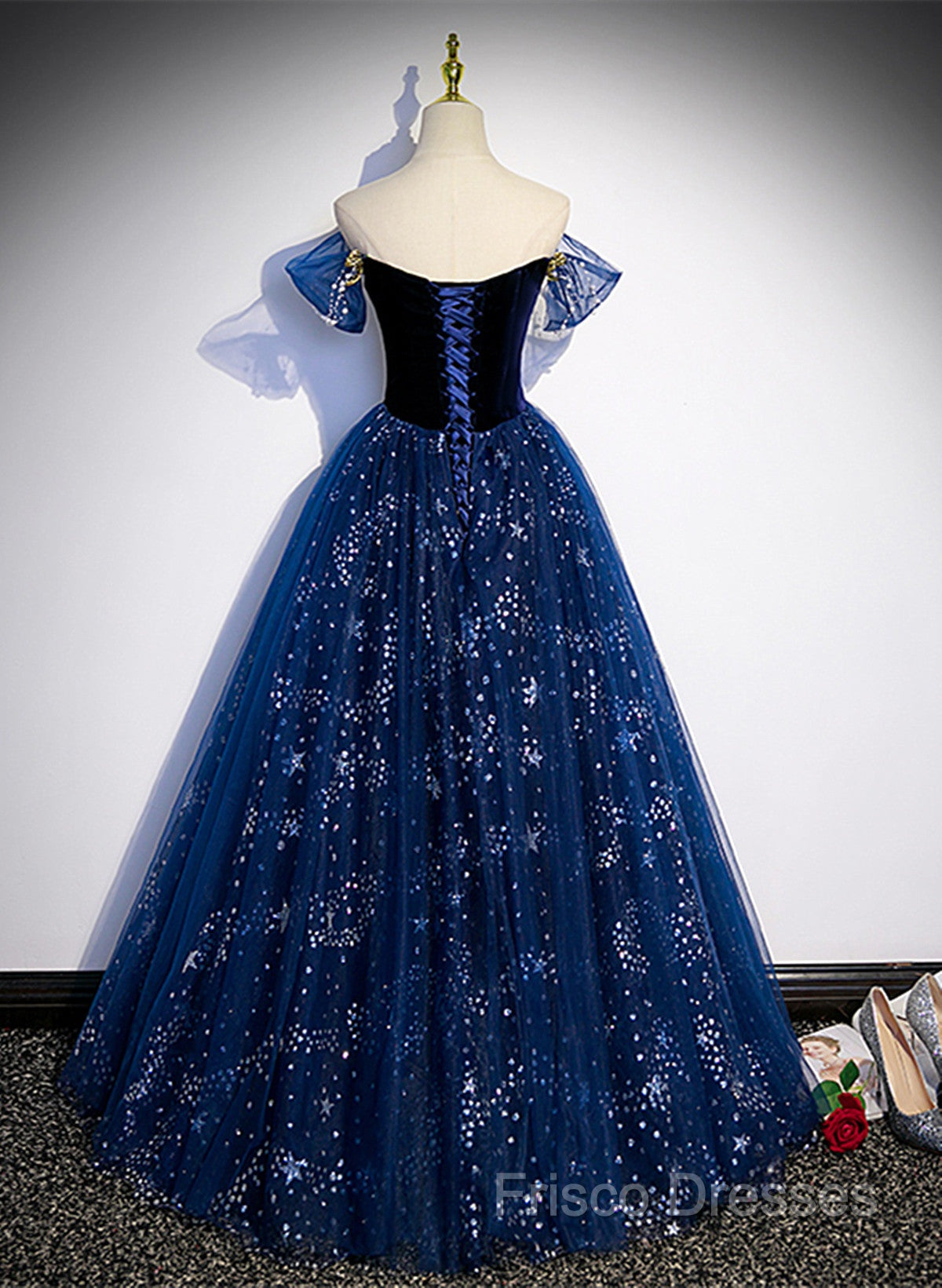 Navy Blue Tulle Off Shoulder Beaded Long Party Dress, Navy Blue Tulle Formal Prom Dress