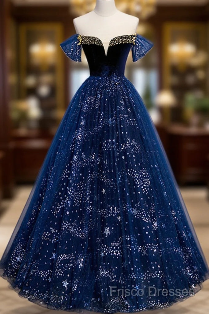 Navy Blue Tulle Off Shoulder Beaded Long Party Dress, Navy Blue Tulle Formal Prom Dress Main image