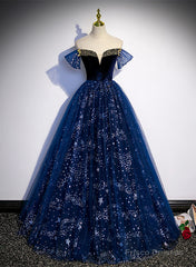 Navy Blue Tulle Off Shoulder Beaded Long Party Dress, Navy Blue Tulle Prom Dress