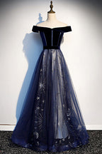 Navy Blue Tulle Off Shoulder Velvet Top Long Party Dress, Blue Evening Dress Prom Dress