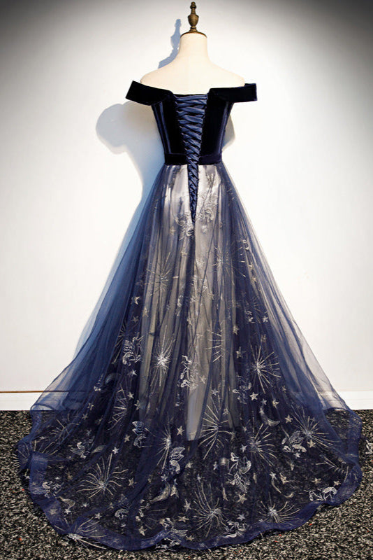 Navy Blue Tulle Off Shoulder Velvet Top Long Party Dress, Blue Evening Dress Prom Dress