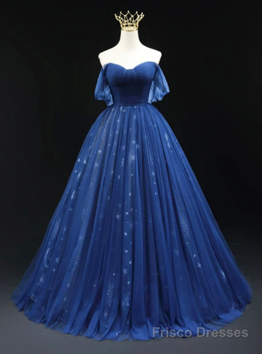 Navy Blue Tulle Off the Shoulder Pleats Prom Dress Main image