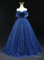 Navy Blue Tulle Off the Shoulder Pleats Prom Dress