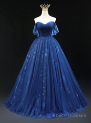 Navy Blue Tulle Off the Shoulder Pleats Prom Dress