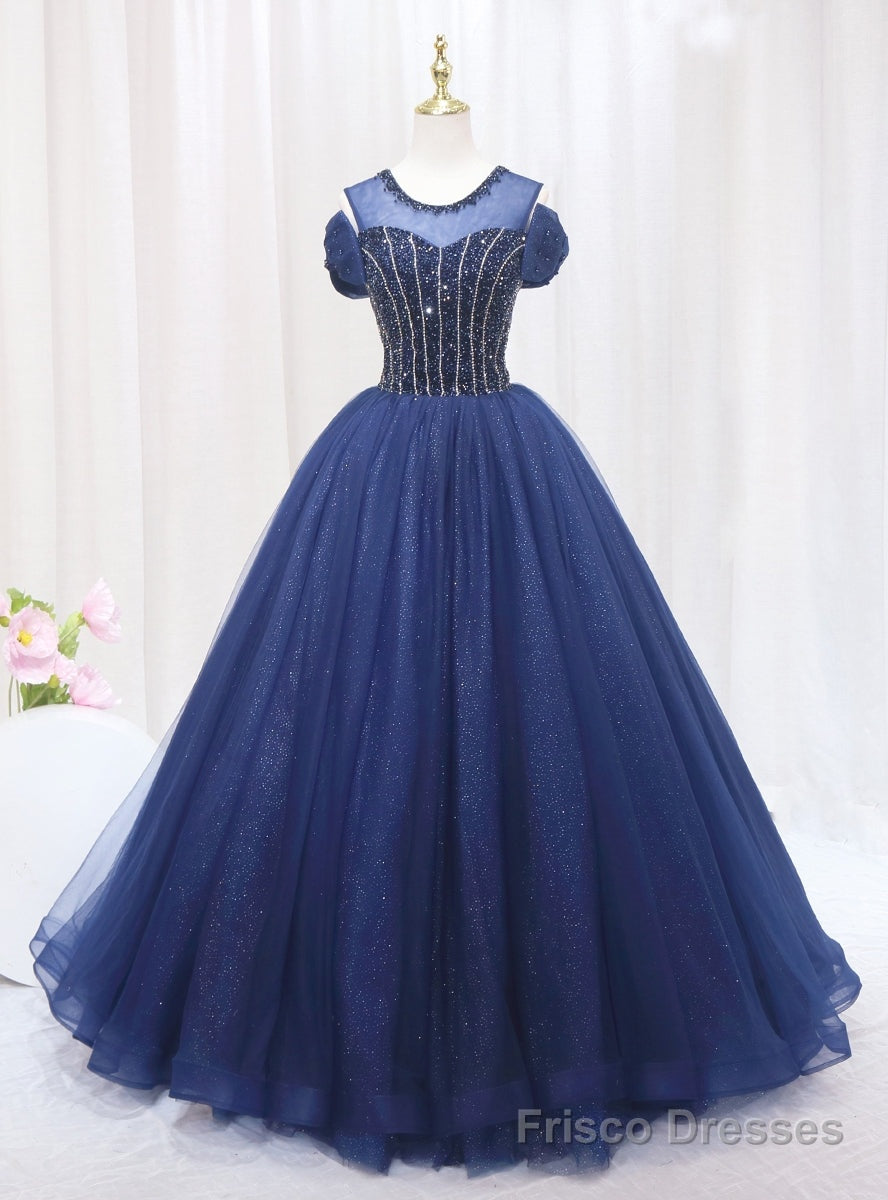 Navy Blue Tulle Sequins Beading Bow Prom Dress Main image