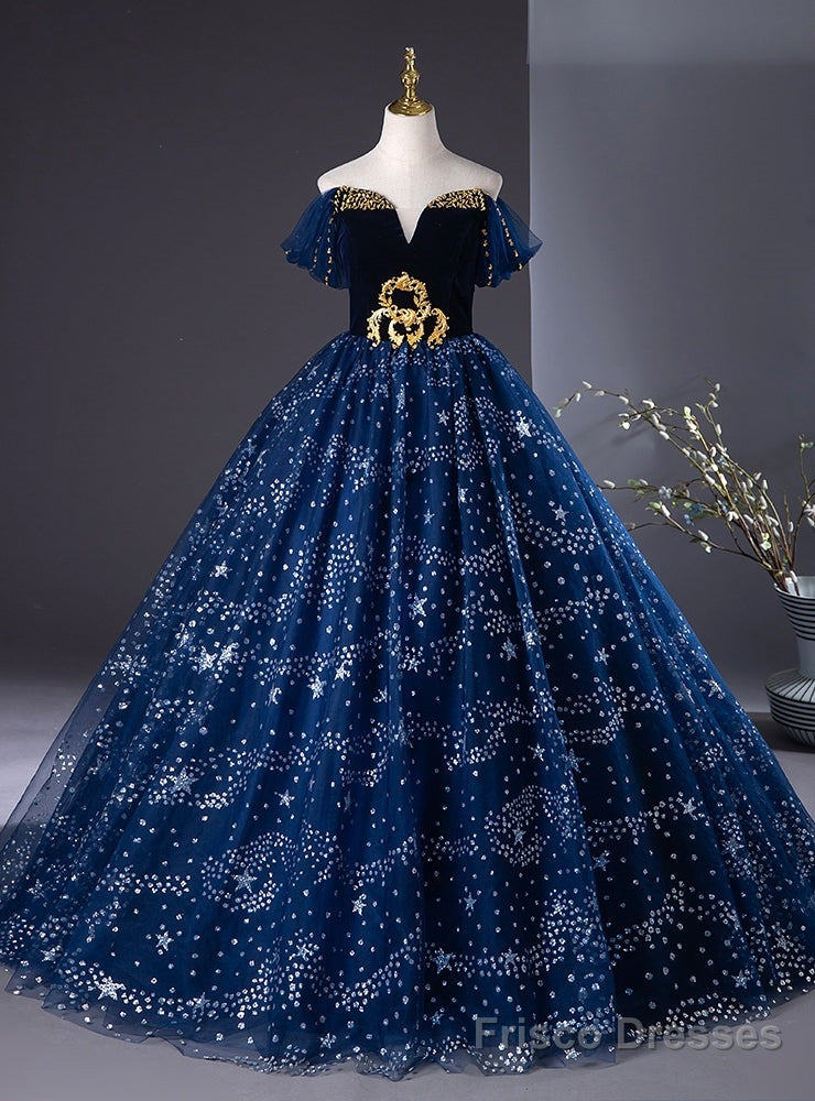 Navy Blue Tulle Sequins Beading Long Quinceanera Dress Main image