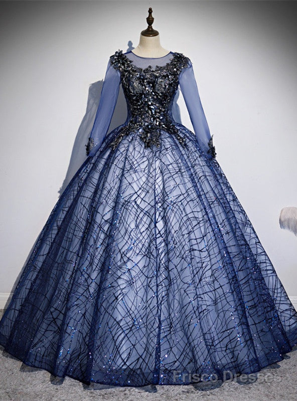 Navy Blue Tulle Sequins Long Sleeve Appliques Quinceanera Dress Main image
