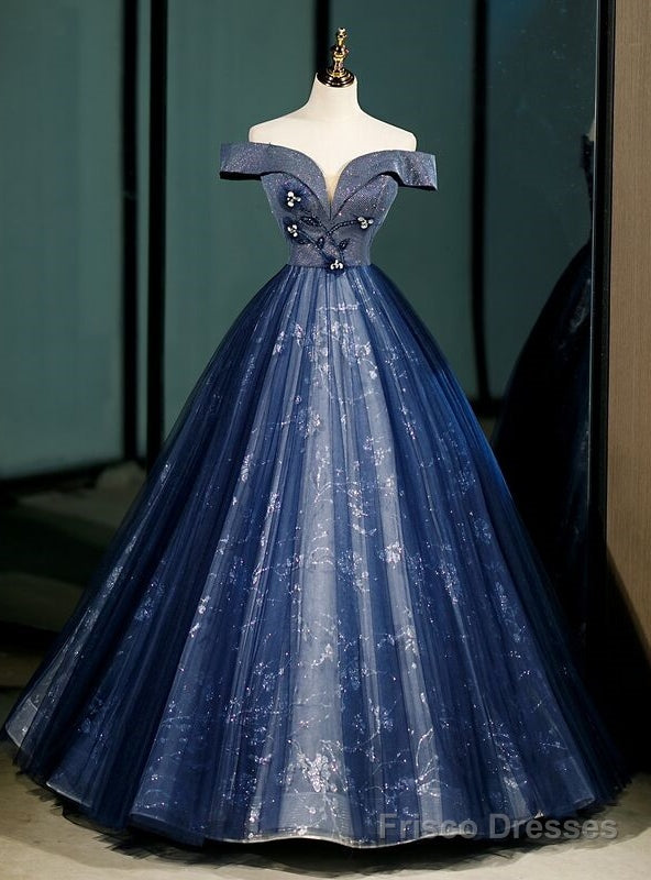 Navy Blue Tulle Sequins Off the Shoulder Beading Quinceanera Dress Main image