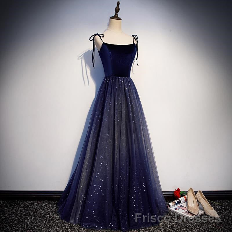 Navy Blue Tulle Straps Long Velvet Party Dress, Blue Prom Dress Main image