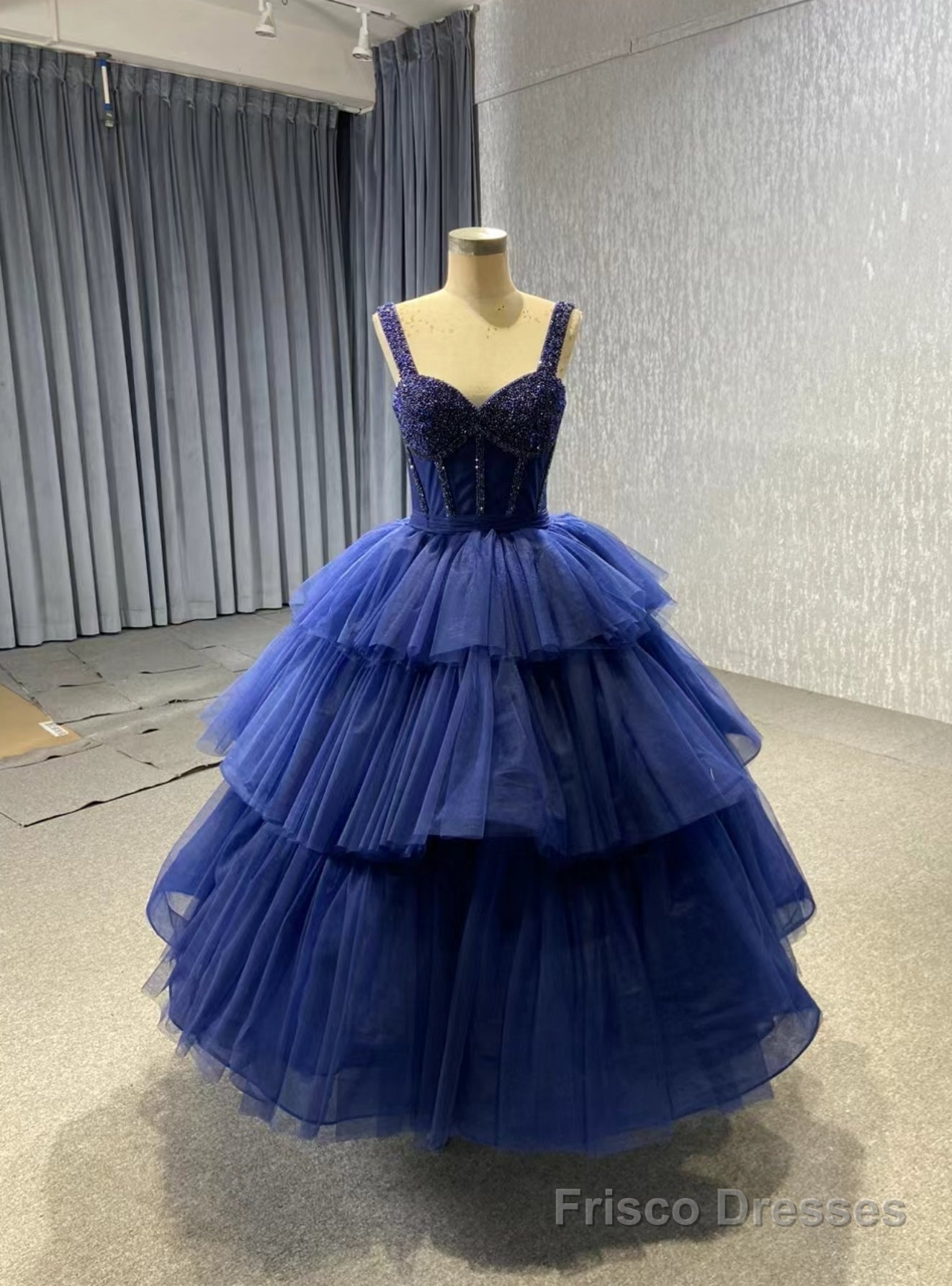 Navy Blue Tulle Straps Tiers Beading Short Prom Dress Main image