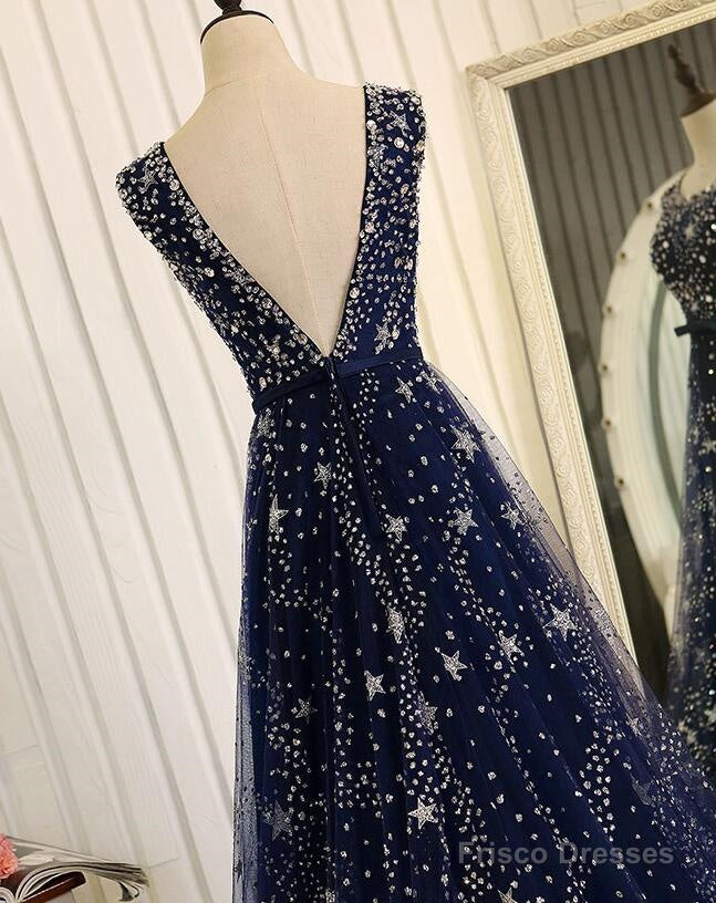 Navy Blue Tulle V Back Long Party Dress Prom Dresses, Blue A-Line Bridesmaid Dresses