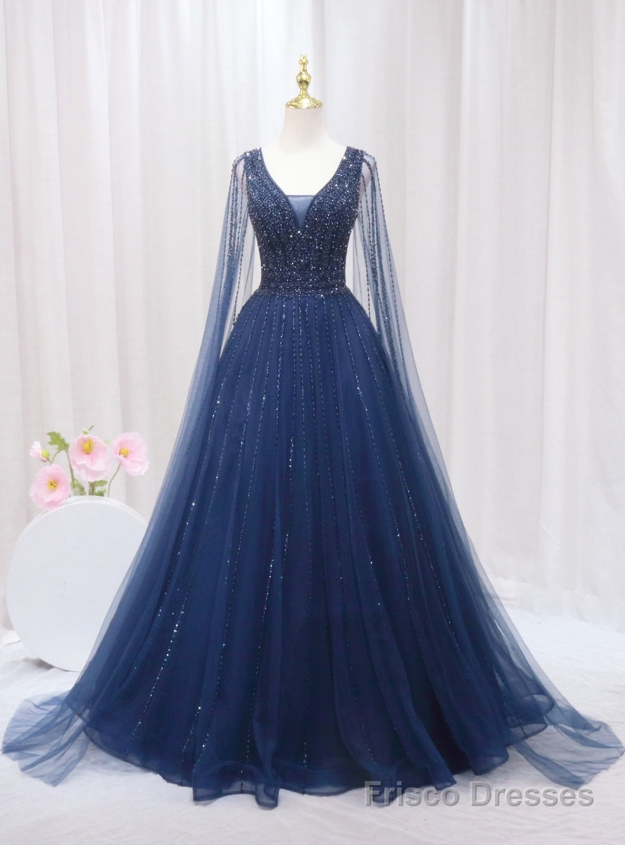 Navy Blue Tulle V-neck Beading Prom Dress Main image