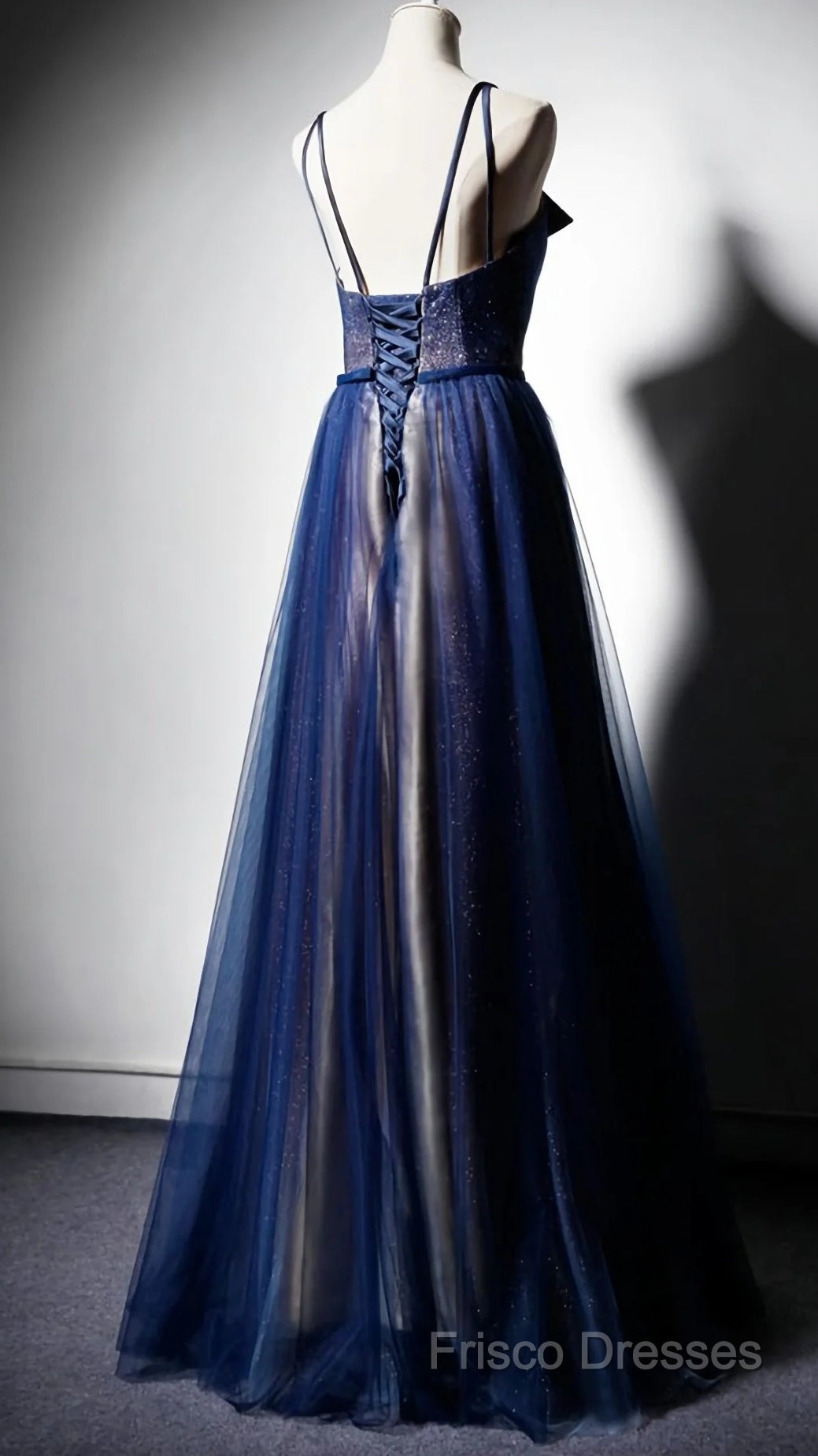 Navy Blue Tulle V Neck Long Women Formal Prom Dress, Lace Up Formal Dress