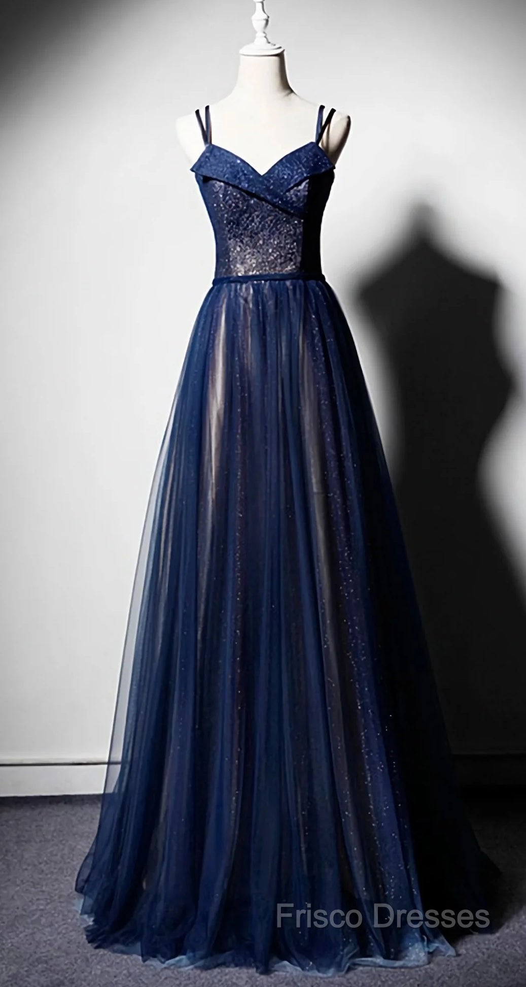 Navy Blue Tulle V Neck Long Women Formal Prom Dress, Lace Up Formal Dress