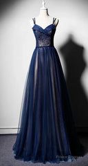 Navy Blue Tulle V Neck Long Women Prom Dress, Lace Up Evening Dress