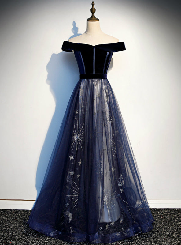 Navy Blue Tulle Velvet Off the Shoulder Prom Dress Secondary image