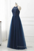 Navy Blue Tulle With Lace Applique Long Party Dress Formal Prom Dress Sleeveless Elegant