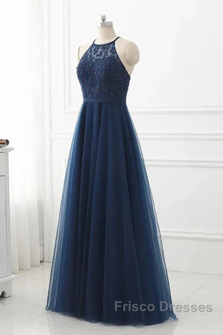 Navy Blue Tulle With Lace Applique Long Party Dress Formal Prom Dress Sleeveless Elegant