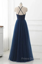 Navy Blue Tulle With Lace Applique Long Party Dress Formal Prom Dress Sleeveless Elegant