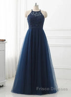 Navy Blue Tulle With Lace Applique Long Party Dress Formal Prom Dress Sleeveless Elegant