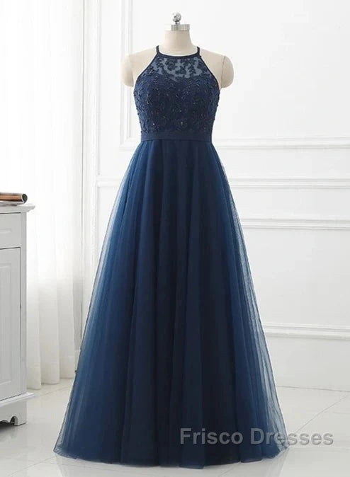 Navy Blue Tulle With Lace Applique Long Party Dress Formal Prom Dress Sleeveless Elegant