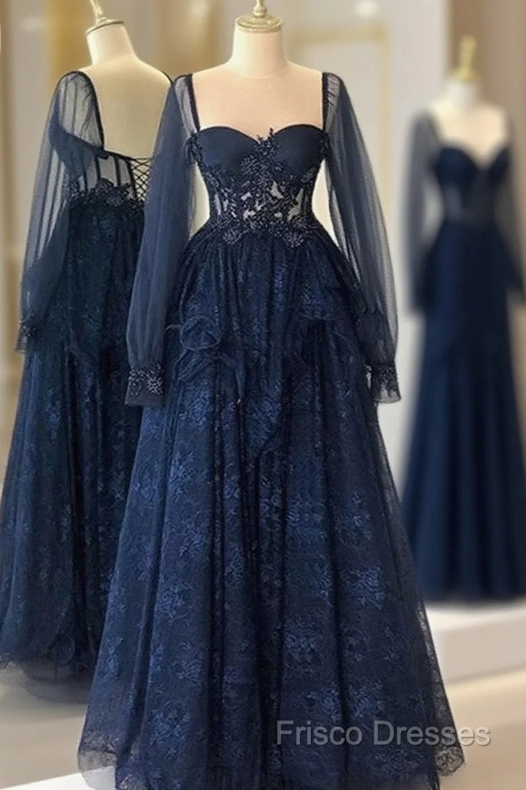 Navy Blue Tulle With Lace Long Sleeves Formal Prom Dress, Navy Blue Party Dress Main image