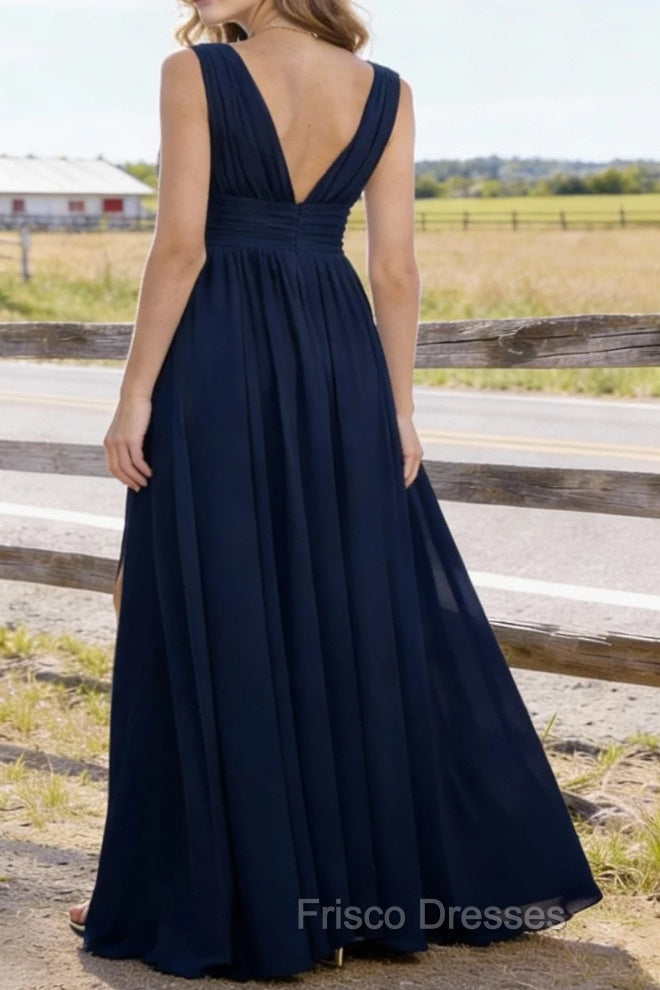 Navy Blue V Neck Chiffon Floor Length Bridesmaid Dresses Long Bridesmaid Dress With Pleated Split
