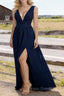 Navy Blue V Neck Chiffon Floor Length Bridesmaid Dresses Long Bridesmaid Dress With Pleated Split