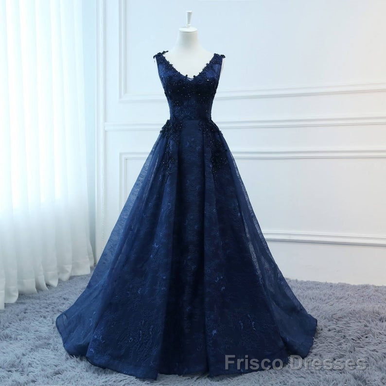 Navy Blue V-neckline Lace Long Party Dress with Flowers, Blue V-neckline Prom Dress