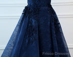 Navy Blue V-neckline Lace Long Party Dress with Flowers, Blue V-neckline Prom Dress