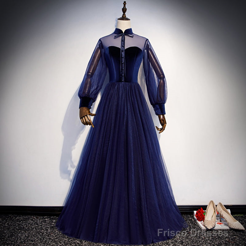 Navy Blue Velvet And Tulle A-Line Long Sleeves Prom Dresses, Blue Bridesmaid Dresses Secondary image