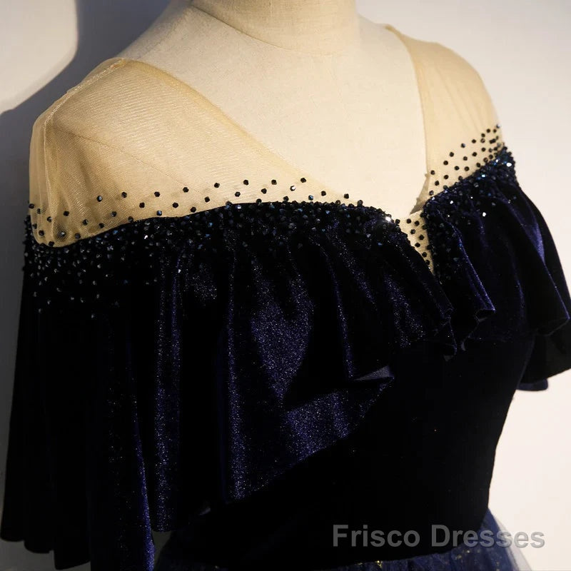 Navy Blue Velvet and Tulle Long Party Dress A-line Blue Evening Dress prom dresses shops