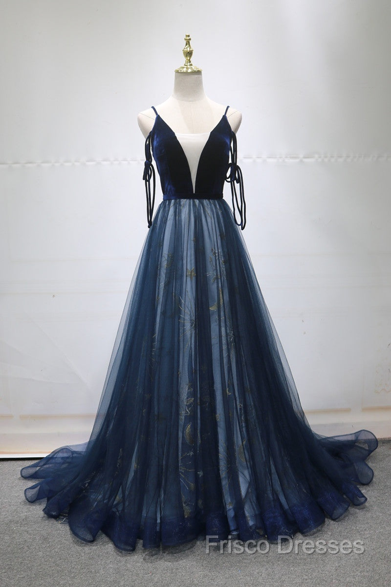Navy Blue Velvet And Tulle Long Formal Prom Dress Party Dress, Navy Blue Formal Dress Secondary image