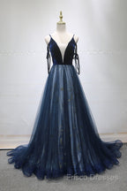 Navy Blue Velvet And Tulle Long Formal Prom Dress Party Dress, Navy Blue Formal Dress
