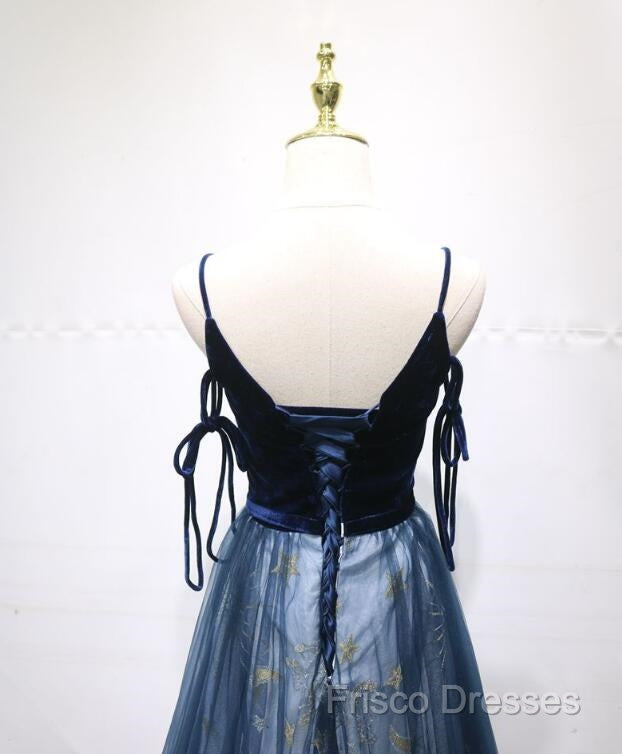 Navy Blue Velvet And Tulle Long Formal Prom Dress Party Dress, Navy Blue Formal Dress