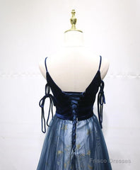 Navy Blue Velvet And Tulle Long Prom Dress Party Dress, Navy Blue Evening Dress