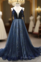Navy Blue Velvet And Tulle Long Formal Prom Dress Party Dress, Navy Blue Formal Dress