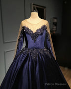 Navy Blue Velvet Ball Gown Long Sleeve Dress
