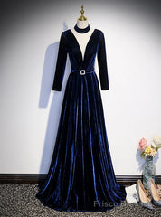 Navy Blue Velvet Long Sleeve Pleats Prom Dress