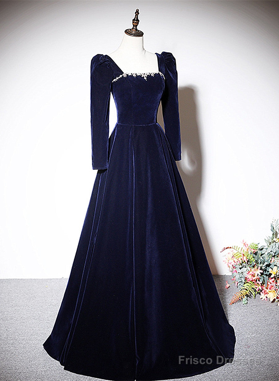 Navy Blue Velvet Long Sleeves Beaded Formal Dress, Blue A-Line Prom Dress Secondary image